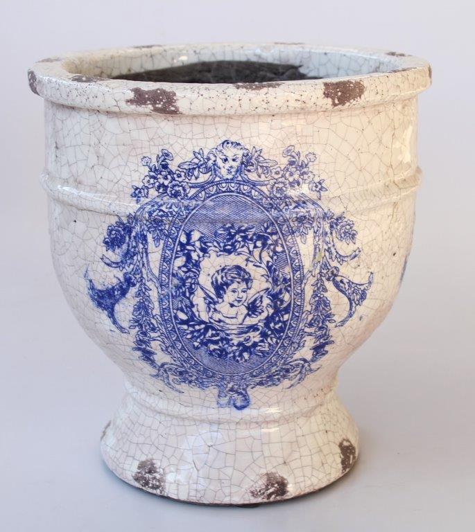 Blue & White Distressed Fat Planter On Foot
